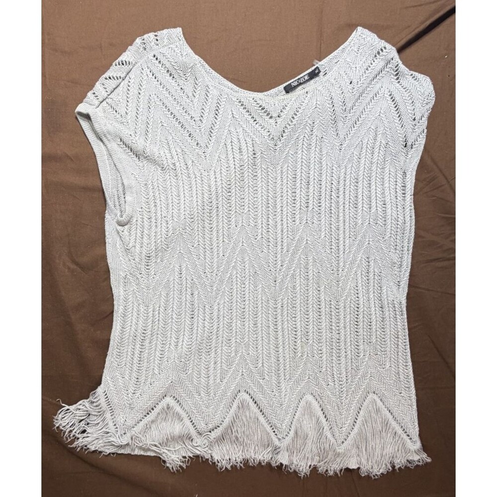 NIC+ZOE Women's XL Open Knit Chevron Top Linen Blend Fringe Hem Gray